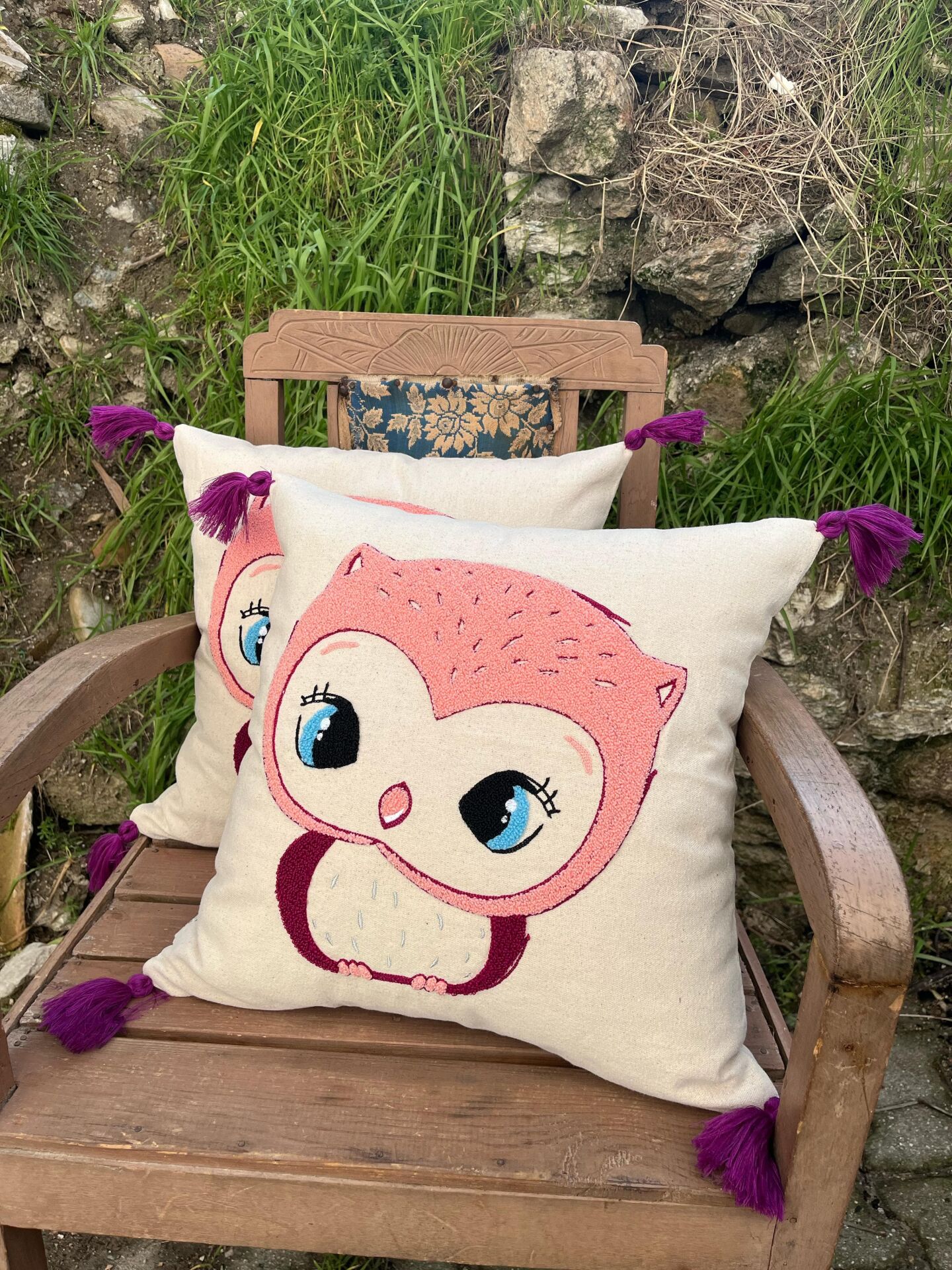 tinytrek El İşçiliği Baykuş Desen Punch Çocuk Kırlenti – Buldan Dokuması (43x43 cm)